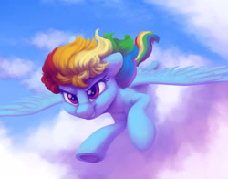 Size: 4200x3300 | Tagged: safe, artist:verulence, derpibooru import, rainbow dash, pegasus, pony, cloud, female, flying, grin, mare, smiling, solo, spread wings, wings