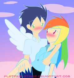 Size: 1024x1075 | Tagged: safe, artist:platinum-starz, rainbow dash, soarin', human, blushing, female, humanized, light skin, male, shipping, soarindash, straight