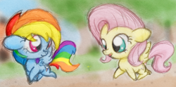 Size: 2560x1272 | Tagged: safe, artist:soortes, fluttershy, rainbow dash, pegasus, pony, chibi, female, mare, wings