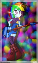 Size: 800x1316 | Tagged: dead source, safe, artist:vixelzf, derpibooru import, rainbow dash, equestria girls, clothes, crossed legs, electric guitar, guitar, solo