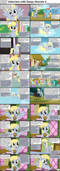 Size: 1282x3661 | Tagged: safe, derpy hooves, fluttershy, rainbow dash, sunshower raindrops, pegasus, pony, comic:celestia's servant interview, background pony, caption, comic, implied spanking, interview, muffin