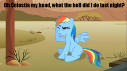 Size: 1366x768 | Tagged: safe, edit, edited screencap, screencap, rainbow dash, pegasus, pony, caption, hangover, solo