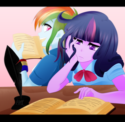 Size: 900x882 | Tagged: safe, artist:chokico, rainbow dash, twilight sparkle, equestria girls, book, bored, reading