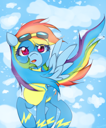 Size: 724x876 | Tagged: safe, artist:silvah-chan, derpibooru import, rainbow dash, pegasus, pony, baffled, clothes, cloud, cute, dashabetes, eye clipping through hair, female, goggles, mare, sky, solo, windswept mane, wonderbolts, wonderbolts uniform