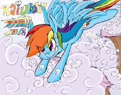 Size: 2526x1984 | Tagged: safe, artist:dashiepie, derpibooru import, rainbow dash, pegasus, pony, cloud, flying, solo