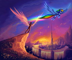 Size: 1280x1067 | Tagged: safe, artist:asimos, rainbow dash, human, pegasus, pony, city, female, flying, mare, speed trail, trail