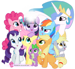 Size: 4000x3646 | Tagged: safe, artist:ravenevert, derpibooru import, applejack, derpy hooves, fluttershy, pinkie pie, princess celestia, rainbow dash, rarity, spike, twilight sparkle, alicorn, dragon, earth pony, pegasus, pony, unicorn, cute, female, glowing horn, group shot, high res, horn, magic, mane seven, mane six, mare, open mouth, simple background, transparent background, vector