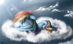 Size: 2000x1215 | Tagged: safe, artist:neko-me, rainbow dash, pegasus, pony, cloud, cloudy, cute, dashabetes, filly, filly rainbow dash, sleeping, solo, younger