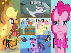 Size: 1024x768 | Tagged: safe, derpibooru import, applejack, fluttershy, pinkie pie, rainbow dash, rarity, tom, twilight sparkle, earth pony, pegasus, pony, unicorn, apple, apple core, book, caption, derp, discorded, food, image macro, mane six, meme, pinkie derp