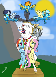 Size: 850x1167 | Tagged: safe, artist:vittorionobile, bulk biceps, derpy hooves, fleetfoot, fluttershy, misty fly, rainbow dash, soarin', spitfire, pegasus, pony, female, mare, puffy cheeks, wonderbolts