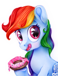 Size: 990x1280 | Tagged: safe, artist:vird-gi, derpibooru import, rainbow dash, pegasus, pony, cute, dashabetes, donut, food, looking at you, messy eating, open mouth, solo, traditional art