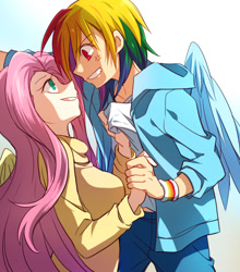 Size: 695x790 | Tagged: safe, artist:megarexetera, fluttershy, rainbow dash, human, angry, female, flutterdash, humanized, lesbian, light skin, shipping, winged humanization