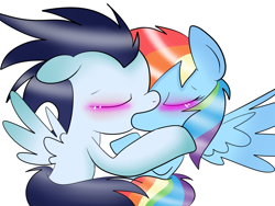 Size: 1024x768 | Tagged: safe, artist:mylittlepony651, rainbow dash, soarin', pegasus, pony, blushing, female, kissing, male, shipping, soarindash, straight