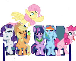 Size: 1280x1024 | Tagged: safe, derpibooru import, applejack, fluttershy, pinkie pie, rainbow dash, rarity, twilight sparkle, earth pony, pegasus, pony, unicorn, apple, book, chair, crossed legs, eating, eyes closed, female, flying, food, mane six, mare, open mouth, reading, sitting, spread wings, tongue out, wings, wip