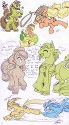 Size: 600x1085 | Tagged: safe, artist:carnival, derpibooru import, applejack, rainbow dash, oc, earth pony, original species, pegasus, pony, cappuccino, chase, drink, green bean, race, sketch dump, speech bubble