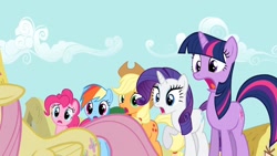 Size: 1280x720 | Tagged: safe, derpibooru import, screencap, applejack, fluttershy, pinkie pie, rainbow dash, rarity, twilight sparkle, earth pony, pegasus, pony, unicorn, a bird in the hoof, female, mane six, mare, out of context, plot, shocked