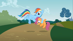 Size: 1366x768 | Tagged: safe, screencap, rainbow dash, scootaloo, pegasus, pony, the mysterious mare do well, derp, noogie