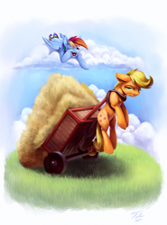 Size: 900x1218 | Tagged: safe, artist:tsitra360, derpibooru import, applejack, rainbow dash, earth pony, pegasus, pony, cart, cloud, floppy ears, frown, harness, hay, laughing, open mouth, prone, silly, silly pony, this will end in angry countryisms, unamused, who's a silly pony