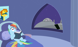 Size: 734x441 | Tagged: safe, artist:totallynotabronyfim, derpibooru import, rainbow dash, pegasus, pony, bedroom, book, f-14 tomcat, jet, plane, poster, pun, solo, soon, visual pun, window