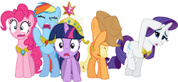 Size: 12890x6000 | Tagged: safe, artist:firestorm-can, derpibooru import, applejack, pinkie pie, rainbow dash, rarity, twilight sparkle, earth pony, pegasus, pony, unicorn, absurd resolution, big crown thingy, element of generosity, element of honesty, element of laughter, element of loyalty, element of magic, shocked, simple background, transparent background, vector