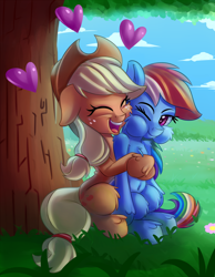 Size: 2324x3000 | Tagged: safe, artist:discorded, derpibooru import, applejack, rainbow dash, earth pony, pegasus, pony, appledash, chest fluff, cute, eyes closed, female, floppy ears, fluffy, heart, hug, hug from behind, lesbian, mare, puffy cheeks, shipping, unshorn fetlocks