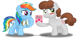 Size: 1024x531 | Tagged: safe, artist:aleximusprime, rainbow dash, oc, oc:dreamer, pegasus, pony, blushing, canon x oc, crush, embarrassed, female, giggling, goggles, male, nervous, rainmer, simple background, straight, sweatdrop, transparent background, valentine