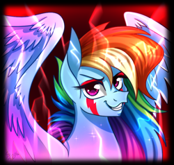 Size: 700x666 | Tagged: safe, artist:derpsonhooves, derpibooru import, rainbow dash, pegasus, pony, grin, lightning, smiling, solo, spread wings