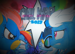 Size: 2298x1656 | Tagged: safe, artist:zephyrshy, derpibooru import, fleetfoot, rainbow dash, soarin', spitfire, pegasus, pony, captain america, captain america: civil war, civil war, parody, traditional art