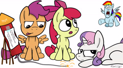 Size: 5333x2973 | Tagged: safe, artist:dgaribalde, derpibooru import, apple bloom, rainbow dash, scootaloo, sweetie belle, pegasus, pony, mentally advanced series, american independence day, cutie mark crusaders, drama, fireworks, flurry heart drama, implied princess flurry heart, independence day, open mouth, simple background, this will end in jail time, thrackerzod, tongue out, white background