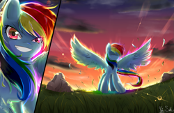 Size: 1669x1080 | Tagged: safe, artist:banzatou, derpibooru import, rainbow dash, pegasus, pony, awesome, badass, beautiful, best pony, epic, majestic, smirk, solo, spread wings