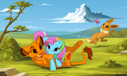 Size: 900x540 | Tagged: safe, artist:kamirah, derpibooru import, rainbow dash, rainbow dash (g3), butterfly, g3, crossover, eevee, pokémon, simba, the lion king