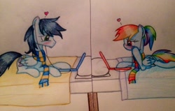 Size: 1024x653 | Tagged: safe, artist:rarityforever, rainbow dash, soarin', pegasus, pony, clothes, female, male, scarf, shipping, soarindash, straight, traditional art