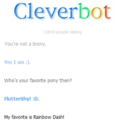 Size: 306x326 | Tagged: safe, fluttershy, rainbow dash, brony, cleverbot, meme, text, text only