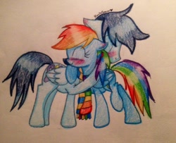 Size: 1024x833 | Tagged: safe, artist:rarityforever, rainbow dash, soarin', pegasus, pony, blushing, clothes, female, hug, male, scarf, shipping, soarindash, straight, traditional art