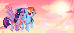 Size: 1024x461 | Tagged: safe, artist:suzuii, rainbow dash, twilight sparkle, twilight sparkle (alicorn), alicorn, pegasus, pony, cloud, cloudy, female, flying, lesbian, mare, shipping, smiling, twidash, wink