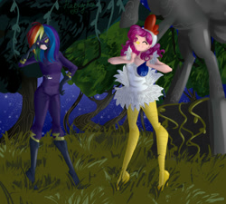 Size: 2000x1800 | Tagged: safe, artist:happyksu, derpibooru import, pinkie pie, rainbow dash, human, animal costume, chicken pie, chicken suit, clothes, costume, humanized, shadowbolts costume, skinny