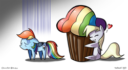 Size: 1280x701 | Tagged: safe, artist:tobibrocki, derpibooru import, derpy hooves, rainbow dash, pegasus, pony, apple, female, food, mare, muffin, pointy ponies, rainbow muffin, zap apple, zap apple muffin