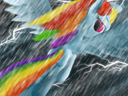 Size: 2000x1500 | Tagged: safe, artist:minosua, derpibooru import, rainbow dash, pegasus, pony, cloud, dashing, lightning, rain, solo, thunder