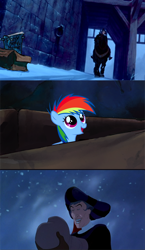 Size: 700x1208 | Tagged: safe, rainbow dash, pegasus, pony, fanfic:my little dashie, disney, evil people finding dash meme, exploitable meme, filly, frollo, hunchback of notre dame, meme