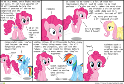 Size: 735x500 | Tagged: safe, artist:thelastgherkin, derpibooru import, fluttershy, pinkie pie, rainbow dash, earth pony, pegasus, pony, comic, dinosaur comics, evolution, eye scream, ponified, self harm