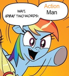 Size: 334x366 | Tagged: safe, derpibooru import, idw, applejack, rainbow dash, earth pony, pegasus, pony, action man, blonde mane, blue coat, blue wings, comic, dialogue, exploitable meme, female, hasbro, mare, meme, multicolored hair, open mouth, orange background, raised hoof, raised leg, simple background, smiling, speech bubble, two words meme, underhoof, wings