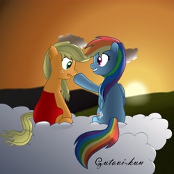 Size: 4722x4722 | Tagged: safe, artist:gutovi, derpibooru import, applejack, rainbow dash, earth pony, pegasus, pony, absurd resolution, appledash, boop, clothes, cloud, dress, female, lesbian, shipping, sunset