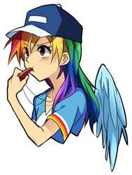 Size: 463x613 | Tagged: safe, artist:megarexetera, rainbow dash, human, hat, humanized, light skin, solo, whistle, winged humanization