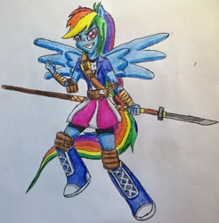 Size: 2081x2119 | Tagged: safe, artist:bozzerkazooers, derpibooru import, rainbow dash, equestria girls, boots, clothes, compression shorts, naginata, ponied up, shorts, skirt, solo, traditional art, weapon