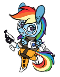 Size: 930x1200 | Tagged: safe, artist:ramott, derpibooru import, rainbow dash, pegasus, pony, chibi, crossover, overwatch, rainbow tracer, solo, tracer