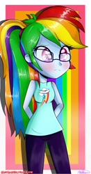 Size: 1000x1903 | Tagged: safe, artist:vixelzf, derpibooru import, rainbow dash, equestria girls, alternate hairstyle, blushing, clothes, cute, dashabetes, embarrassed, glasses, hands behind back, pants, ponytail, solo