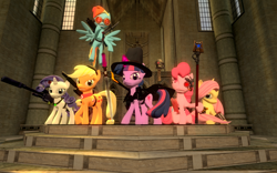 Size: 1280x800 | Tagged: safe, artist:zerus63, derpibooru import, applejack, fluttershy, pinkie pie, rainbow dash, rarity, twilight sparkle, earth pony, pegasus, pony, unicorn, gmod, gun, hat, staff, sword, warhammer (game), warhammer 40k