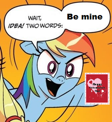 Size: 334x364 | Tagged: safe, rainbow dash, earth pony, pegasus, pony, blonde mane, blue coat, blue wings, bronybait, dialogue, exploitable meme, female, hearts and hooves day, mare, meme, multicolored hair, open mouth, orange background, raised hoof, raised leg, simple background, smiling, special somepony, speech bubble, two words meme, underhoof, valentine, valentine's day, wings