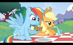 Size: 1680x1050 | Tagged: safe, derpibooru import, screencap, applejack, rainbow dash, earth pony, pegasus, pony, a canterlot wedding, food, sandwich