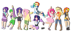 Size: 3500x1600 | Tagged: safe, artist:kikirdcz, derpibooru import, applejack, fluttershy, pinkie pie, rainbow dash, rarity, spike, starlight glimmer, sunset shimmer, twilight sparkle, twilight sparkle (alicorn), alicorn, human, book, candy, clothes, converse, crossed arms, floating wings, food, hair over one eye, horned humanization, humane nine, humanized, lollipop, mane nine, one eye closed, rainbow socks, shoes, simple background, sitting, smiling, socks, striped socks, sweater, sweatershy, transparent background, winged humanization, wink